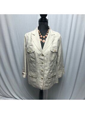 Studio Works Jacket Womens Size Medium Light Tan Linen Lined Safari Office
